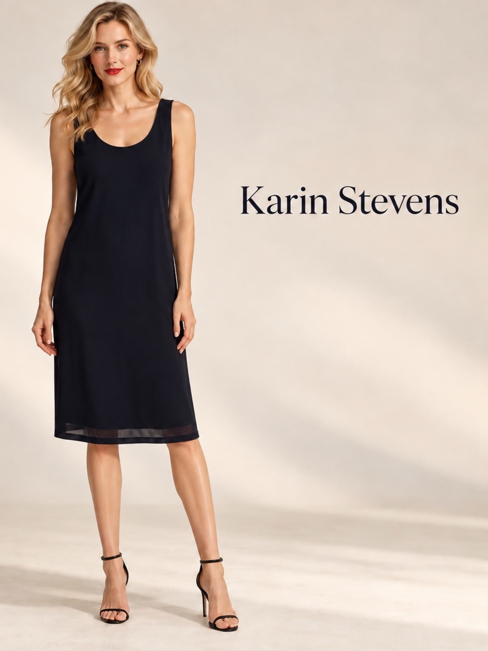 🌸Karin Stevens Midi Dress 10P Navy Blue Quiet Luxury Minimalist Business Casual